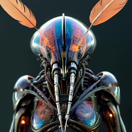 8KHD, insane details on entire photograph, super HD, ultra detail, RAW art of an entity whose body is visible and composed of glass and feathers. Its body is a battle of advanced robotic technology and nature, with a helmet that resembles delicate glass revealing complex circuit and organic structures within. The entity's body's surface is partially covered in fine wire Its arms and legs are adorned with alien patterns The illustration should have a fantastical style, with vibrant colors and quality that emphasizes the enchanting aspects of the scene and the organic-meets-mechanical theme.