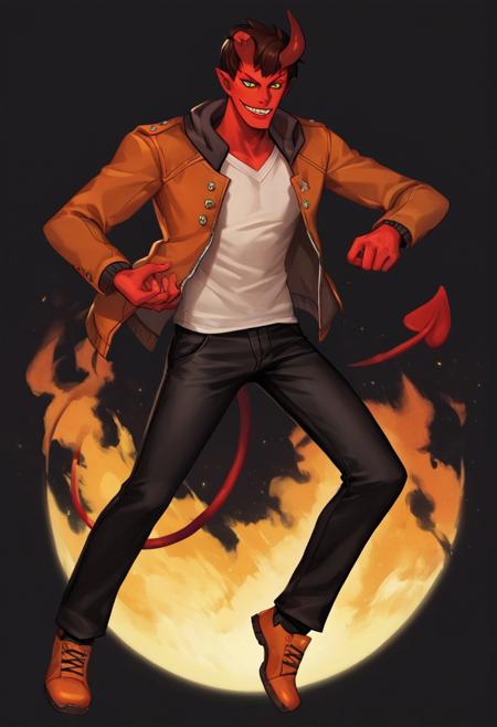 1boy, demon boy, red skin, yellow eyes, demon horns, demon tail, brown hair, orange jacket, black pants, white shirt, orange shoes