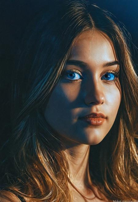 An irresistibly beautiful 20-year-old ukrainian girl,   A stunning portrait illuminated by two contrasting color gel lights, one warm golden hue on her left side and a cool blue tone on her right, creating a rich, high-contrast effect with sharpness and depth, set against a dark, gradient background (Masterpiece, breathtaking detail, OverallDetailXL, professional shading).