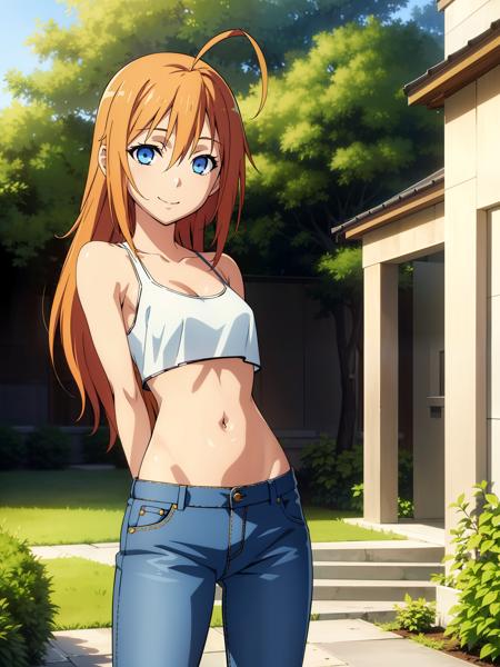 (exceptional, best aesthetic, new, newest, best quality, masterpiece, extremely detailed), 1girl, solo, konoesubaru, looking_at_viewer, smile, hair_down, crop_top, jeans, arms_behind_back, garden, ahoge