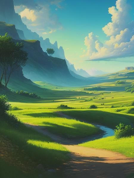 <lyco:NoahBradley:1.0> a beautiful fantasy landscape with a dirt road going through a green countryside, digital painting by Noah Bradley