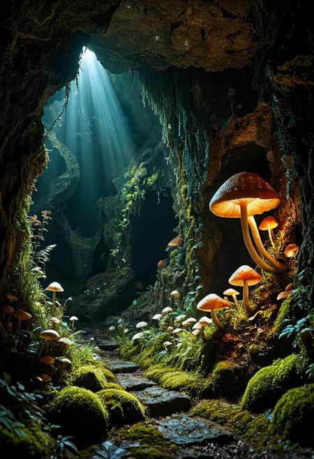 macabre style, underground cavern, dimly lit with peeks of light coming through cracks, mushrooms, lichens, moss, small plants, magical feel, cave crystals,
beautiful, painterly, textural, artistic, aesthetic, 
intricate details, highly detailed, ultra-detailed, absurdres, vivid, vibrant, volumetric lighting, 
aid291, midjourneyv6.1,