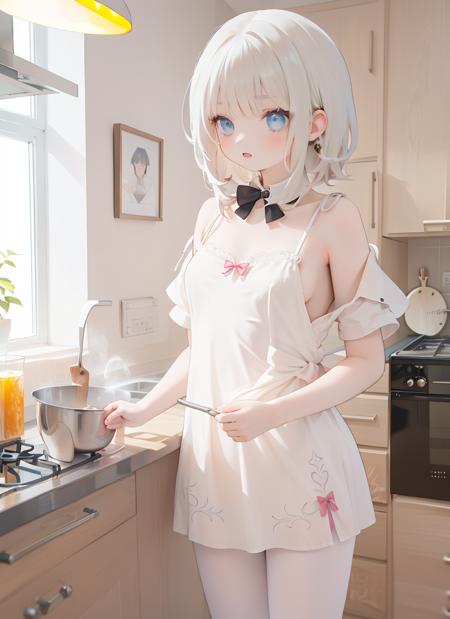 1girl,white pantyhose,cooking, <lora:white tights2:0.6>,kitchen,dress