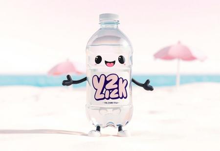 A cute, semi-melted plastic water bottle character standing on a soft pastel beach. The bottle is half-empty, with a clear, glossy texture and simple cartoonish eyes (tiny black dots), a droopy open mouth with its tongue sticking out from the heat. It has soft, black stick arms and legs ending in rounded blob-like hands and feet. The bottle’s label is warped and bubbly, featuring bright bubble-style Y2K fonts. The beach is stylized and minimal: smooth sand, soft waves, bright umbrella silhouettes. Rendered in 3D kawaii blob style, with soft shadows, matte reflections, and toy-like textures. The scene has a vaporplastic color palette: pastel pinks, sky blue, mint green, and glossy white. Slight lens blur and bloom effects enhance the toy-like feel.