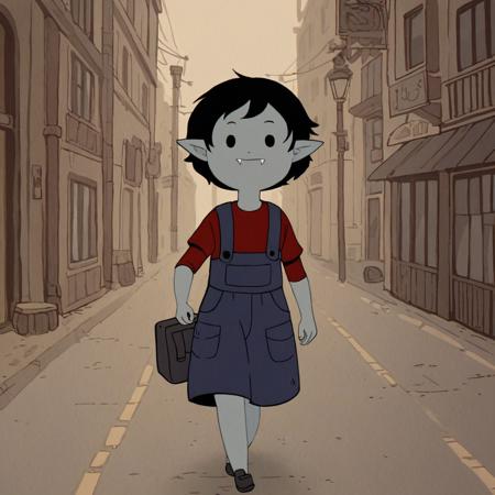 marci grey skin, black hair, short hair, dot eyes, fangs, pointy ears red shirt, blue overalls, skirt,