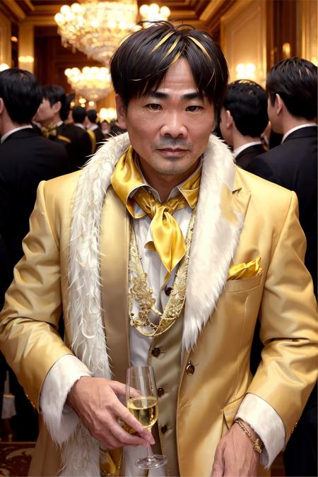 zage.40 year a old,stubble,((Asian)),exhausted expression ,Glamorous party, opulent setting, wealthy playboy, fur coat, mingling with guests, champagne in hand, adorned with jewelry, luxurious fashion, center of attention, extravagant decor, sparkling lights, lively music,(yellow  Fur Scarf), (masterpiece:1. 0), (best quality:1. 4), (ultra highres:1. 2), (intricate details:1.3), (soft focus:1. 4), (sharp focus:1. 4),Raw photo,1man,