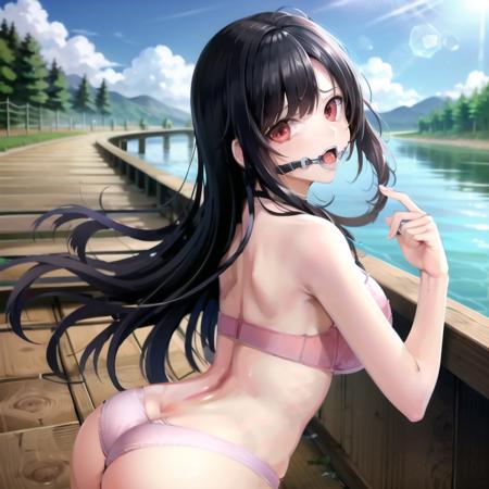 ((masterpiece, perfect quality))
<lora:WeossMouthGag_v2.8-000008_dim_32:1>
1girl, circle gag mouth, from behind, look at viewer, red eyes, light pink panties, river, light pink bra, black hair, long hair, outside