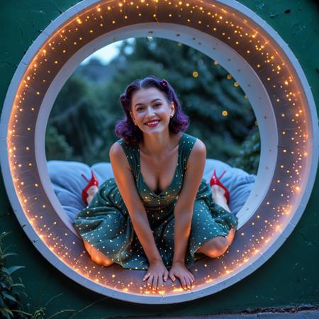 A woman reclines blissfully inside a Victorian  perfectly circular architectural opening decorated with golden lights and patterns, set in a soft Victorian green wall, with her back against one side of the opening and her feet against the other. The circular rim of the opening is perfectly outlined by a string of glowing green lights. The woman is Influencers-Deluxe , she has a vintage 1940s yet oddly anachronistic look. She wears a dark-green vintage-style 1950s dress that sparkles with tiny glowing golden lights, paired with red high-heel shoes. Her jet-black shining detailed hair is styled in soft waves, partially pinned back, and she smiles gently while looking at the viewer. Behind her, the circular opening frames a red and purple twilight sky. 
The composition is realistic and a photograph, evoking a Playboy magazine cover. Perfect hands.
flat colors, cel shading, surreal, window into glowing nature, best_quality, amazing quality, masterpiece, absurdres, highres, very_detailed, extremely_detailed, ultra_detailed, sharp_focus, clean_lines, high_detail, intricate detail