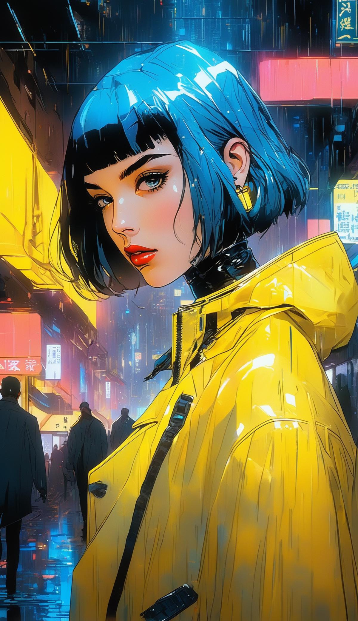 A young woman in a yellow raincoat stands in the rain, looking down.