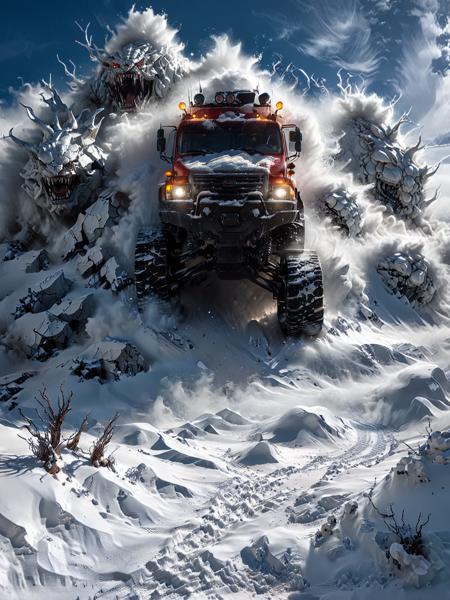 (gigantic evil monster avalanche:1.1) ,chasing a snow vehicle, close up, desert place, (foot steps on snow:1.1), windstorm, snow-covered, futuristic atmosphere, extremely detailed, cinematic light, masterpiece, OverallDetail-SDXL, <lora:add-detail-xl:1>, <lora:xl_more_art-full_v1:0.5>, <lora:Radiant_Darkness:1> ,<lora:Desolation:0.4>,ice vapor,dark light,morning light ,<lora:Sinister_Style_SDXL:0.6>, <lora:aesthetic_anime_v1s:0.7>