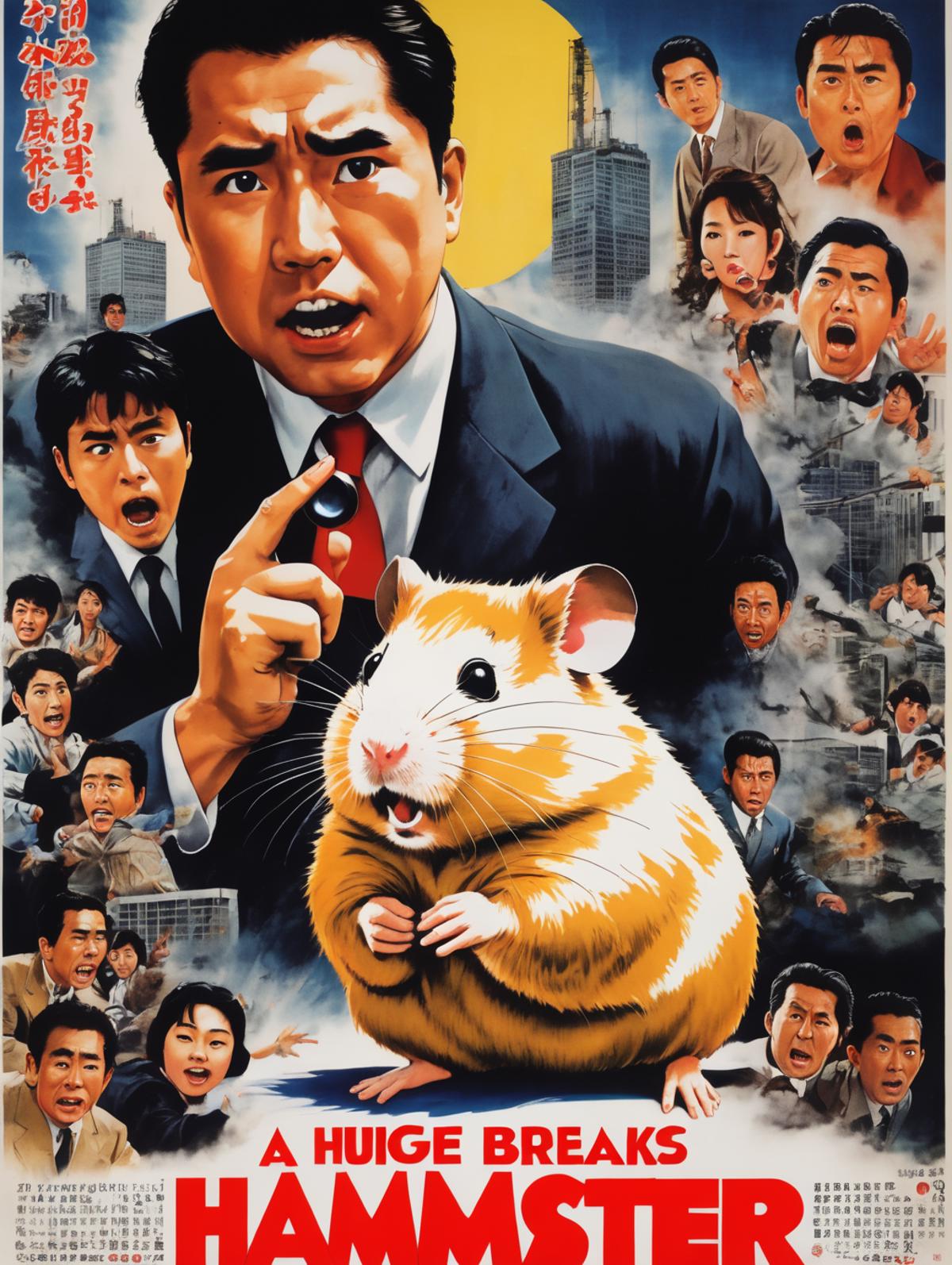 A man in a suit is pointing at a hamster in front of a crowd of people.
