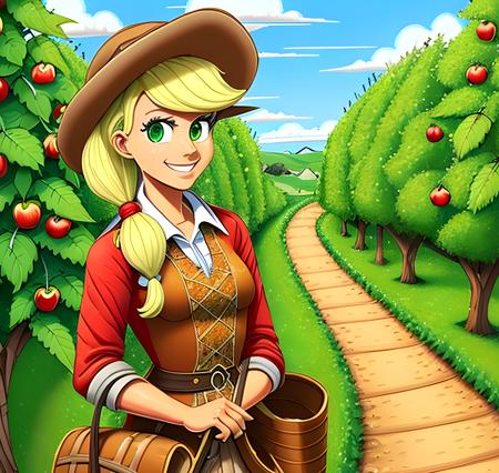 2d, illustration, cartoon, insanely detailed and intricate, green eyes,closeup, ponytail, hat, ((applejack)), apple trees, dirt path, full body, smile, smiling