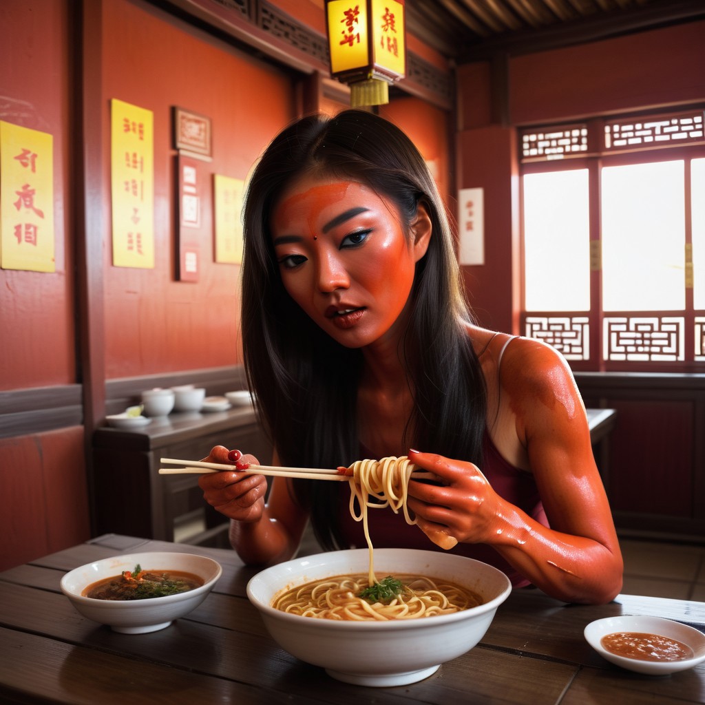 Su-Jin Young is eating noods in an rustic old beautiful chinese resturant, red skin, korean woman