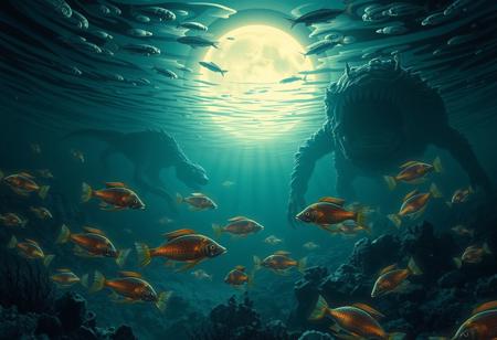 in a biomechanical art style a underwater ecosystem at night with the moonlight shining trough the surface of the water, fish swimming through the water glowing and lighting up the surrounding area, big monster looking predators lurking in the background
