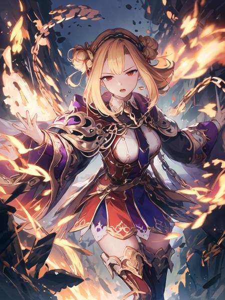 masterpiece,best quality,highres,cinematic lighting,dramatic angle,1girl,<lora:ShadowverseGingerV2-000030:0.8:lbw=jiangshi3>,blonde hair,hair bun,bangs,red eyes,purple and red dress,purple capelet,thigh boots,looking at viewer,white shirt,necktie,wide sleeves,expressionless,serious,open mouth,cursed words,floating runes,explosion,flames,chain,magic,outstretched hand, spread fingers