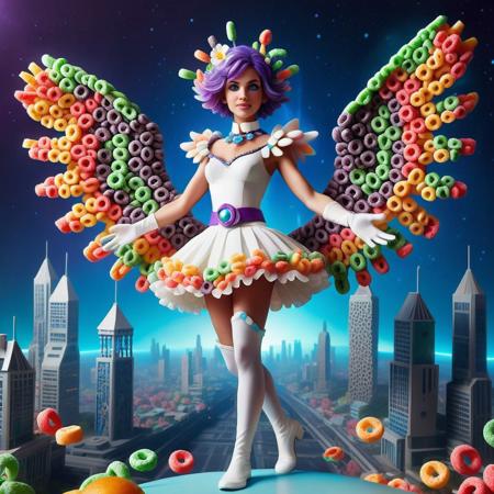 a female character with a futuristic, fantasy-inspired design. The character has fair skin and short, purple hair adorned with a white flower. She has large, expressive blue eyes and a delicate, feminine face. She is dressed in a vibrant, white and purple outfit made of fruit loops that includes a short, frilly dress with a white collar. The dress has a high slit, revealing her black thigh-high stockings and a glimpse of her upper thighs. Her attire is complemented by long, gloves made of fruit loops and matching boots made of fruit loops with blue accents. She wears a white belt with a purple gem at the center, adding to the futuristic aesthetic. The character is equipped with large, wings made of fruit loops that have a glowing blue hue, giving her a celestial appearance. Her arms are outstretched, and she appears to be in mid-flight or leaping, suggesting motion and energy. The background is a futuristic city landscape.