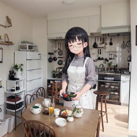 best quality, ultra-detailed, illustration,
JPkitchen, scenery, table, chair, sink, kitchen, plant, indoors, window, refrigerator, frying pan, bottle, shelf, spatula, door, basket, plate, cup, stool, wooden floor, curtains,
1girl, glasses, black hair, long hair, white sweater, denim, jeans, apron,  happy, smile, closed eyes, looking at viewer, 
 <lora:JAPAN_kitchen_SD15_V1:1>