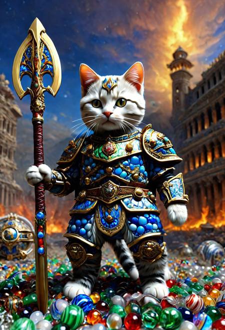made of marbles, cat, score_9, score_8_up, score_7_up, score_6_up, score_5_up, score_4_up, UHD, 8K, masterpiece, detailed, ultra_high_resolution, lots of detail, OverallDetailXL, detailxl, ADD-DETAIL-XL, regalres, Masterpiece, 32k, photorealistic:1.4,  cs-l3ath3r, cat in armor made of marbles, holding a halberd, ready for battle, battlefield background, helmet made of marbles.