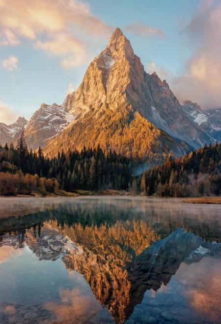 existence. in the background, towering mountains loom, their peaks veiled in mist. appears trapped in an optical illusion of reflections and refractions colorful , professional photography, natural lighting, volumetric lighting maximalist. intricately detailed, complex, elegant, expansive, fantastical, film photography style,  medium grain