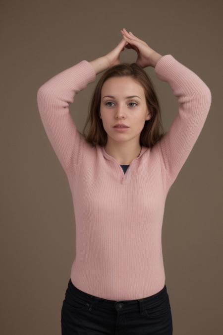 girl lifts hands over head. her perky pink nipples are visible. girl dances. girl looks seductive.