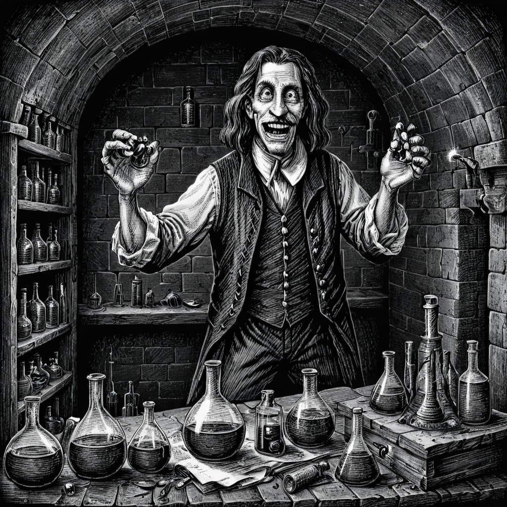 scratchboard_illustration_of_a_goofy_alchemist_holding_vials_of_strange_liquids_in_an_ancient_laboratory_crypt__stone_walls__beakers_3392884802.png