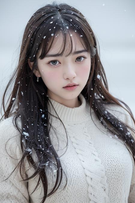 (8k, best quality, masterpiece, ultra highres:1.2) Photo of Pretty Japanese woman in the (style of paul rubens and rebecca guay:1.1) (melancholy winter snow:1.4)