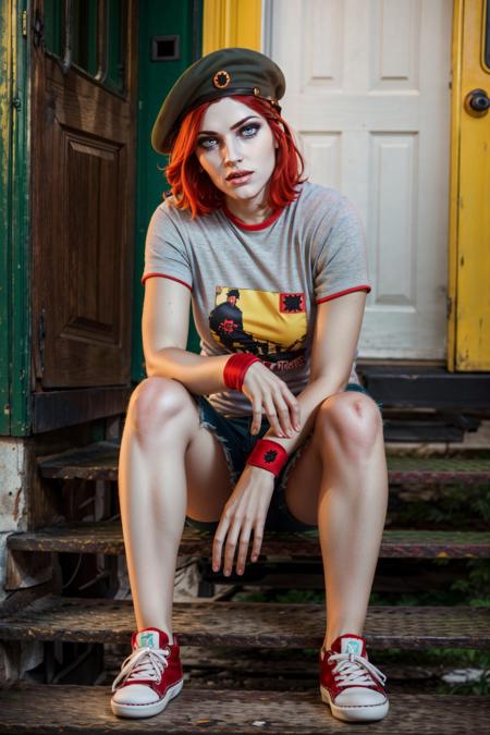 <lora:damsel-10:0.7>, damselVTMB_soul3142, 1girl, sneakers, wristband, t-shirt, realistic, denim, beret, red hair,  short hair, grey eyes, pale skin, makeup,  <lora:add_detail:0.5>