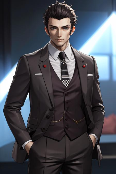 koshimizusmt, suit, jacket, black hair, necktie, vest, pants, black eyes