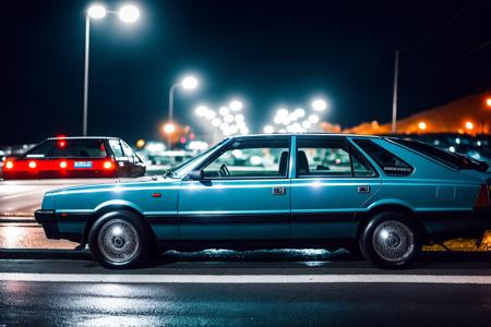 polished silver POLONEZFSO masterpiece,best quality,official art,extremely detailed CG unity 8k wallpaper,illustration, vehicle focus, road, moving, wet, (((NIGHT))),neon lights,drift,   <lora:POLONEZFSO_notreg:0.8>