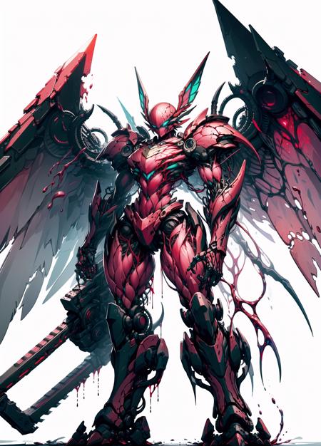 detailed, ultra-detailed, masterpiece, 8k wallpaper,<lora:BIOMECHA:1>
  , (bio mecha:1.5),(mecha:1.4),
, (muscle:1.3), (muscle tissue:1.5), (colorful mecha:1.4)
, no humans,glowing wings, mecha, solo,size difference,huge weapon,chainsaw, science fiction, simple background, standing, mechanical wings, glowing,from below, blood,broken,damaged, dirty,