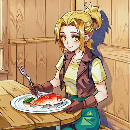 solo, senna, human, female, yellow eyes, gloves, sitting, table, cooked fish, plate, fork, wooden walls <lora:pk_senna-000008:0.8>