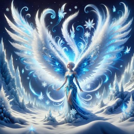 digital art, semi realistic hyper detailed masterpiece, dynamic, awesome quality,DonMSn0wM4g1cXL, snow ice magic, sylph, humanoid elemental being, delicate and ethereal being with gossamer wings, guardians of the air, sky,weather, candlelit,wistful,boutique, <lora:DonMSn0wM4g1cXL-000008:0.8>