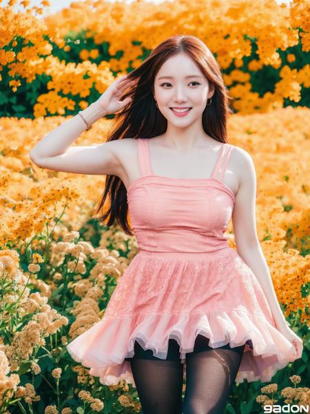 LSKyung, wearing a pink dress, wearing black tights, standing in a flower field smiling, detailed face, (8k, RAW photo, best quality, masterpiece:1.2), (realistic, photo-realistic:1.37), professional lighting, photon mapping, radiosity, physically-based rendering  <lora:LSKyung-000001:1>