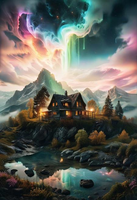 (by Ellen Jewett:1.5), (Bioluminescent Impressionism, The Dreamland), their peaks veiled in mist. mixed media, surrealism, great lighting, A surreal landscape highly detailed . extremely high-resolution details,  appears trapped in an optical illusion of reflections and refractions colorful , mountain cabin, professional photography, natural lighting, volumetric lighting maximalist. intricately detailed, complex, elegant, night, moon, meteor shower, expansive, fantastical, film photography style,  <lora:MJ52:0.3>  <lora:SDXLFaeTastic2400:0.4>  <lora:EpicF4nta5yXL:0.7>.ethereal landscapes, depth of field, biotech emotion:1.3) <lora:xl_more_art-full_v1:0.5> <lora:add-detail-xl:1> <lora:RMSDXL_Creative:2>, GhostlyStyle