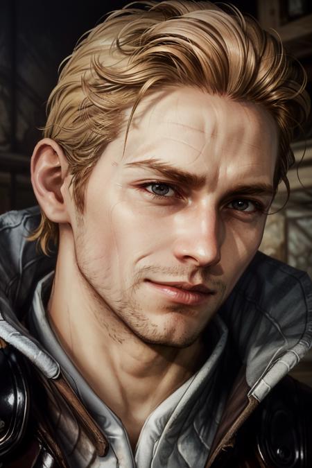 (masterpiece, best quality:1.2)
AlistairDA, 1boy, solo, male focus, blonde hair, realistic, upper body, stubble, short hair, brown eyes
<lora:add_detail:0.7> <lora:epi_noiseoffset2:1> <lora:AlistairDA:0.8>