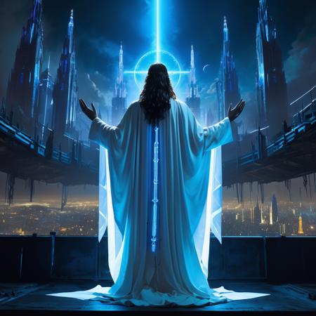 macabre style, ultra realistic photo of Jesus, ((praying, hands up in the air, hands held high into the sky)), turning back to the camera wearing a crown of neon thorn, long hair, long beard, (full body, from distance, long shot), wearing white robes with glowing blue neon, backlighting, night time lights, Cyberpunk theme, futuristic cyberpunk sci-fi city with city cathedral skyscrappers, neon, film grain, incredible details, masterpiece, best quality, 4k UHD, abstract, simple, geometric, color field painting style, dark, gothic, grim, haunting, highly detailed