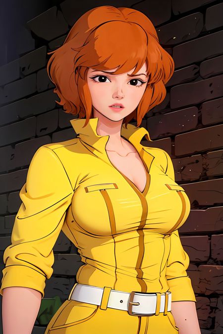 april o'neil short brown hair, black eyes yellow jumpsuit, sleeves rolled up, white belt