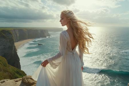 Renaissance style masterpiece,4k,beautiful woman with long blonde hair stands on top of a cliff over the ocean,huge waves are crashing against the cliff,the sky is cloudy with rays of sunlight coming through,dramatic scene,wearing a flowing white dress that blows in the wind,hair and dress blowing in the wind,from below,wide shot, . Realistic, perspective, light and shadow, religious or mythological themes, highly detailed
