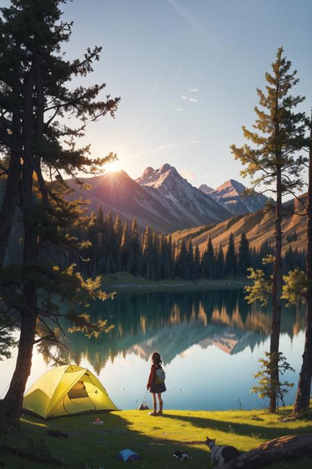 masterpiece,best quality,lake,camp,1girl,landscape,morning sun,camping, tent