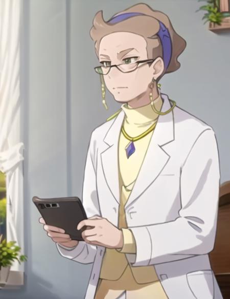 <lora:MagnoliaPkmn-08:0.7> MagnoliaPkmn, solo, shirt, long sleeves, 1boy, holding, jewelry, closed mouth, upper body, male focus, hairband, earrings, glasses, indoors, necklace, coat, phone, holding phone, yellow shirt, labcoat, white coat