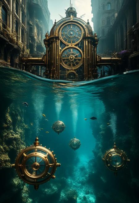 Underwater steampunk city, 8K, photorealistic, ((masterpiece, hyper-detailed)), crystalline waters, brass and copper structures, highres, ultra-sharp focus, A vast submerged metropolis of Victorian-era buildings and clockwork mechanisms. Design a minimalist logo inspired by the BTS logo. It features two vertical, symmetrical, sleek trapezoid shapes side by side, resembling doors that open toward the future. The words "NALOESIG BTS ARMY" on text completes the bts logo, The design should have a modern, polished, and simple aesthetic. Use a purple and metallic color palette, such as black, silver, purple and white. The shapes should look futuristic