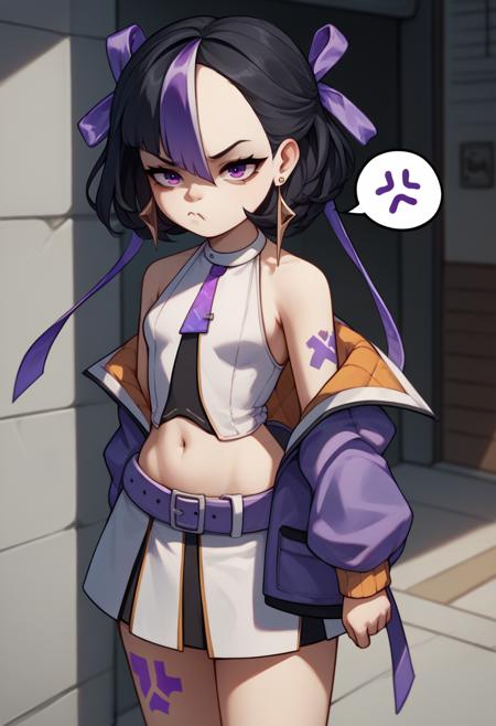 syuen, purple eyes, black hair, streaked hair, short hair, bangs, hair ribbon, earrings, purple jacket, necktie, detached sleeves, sleeveless, crop top, navel, midriff, skirt, belt, leg tattoo, mole under eye