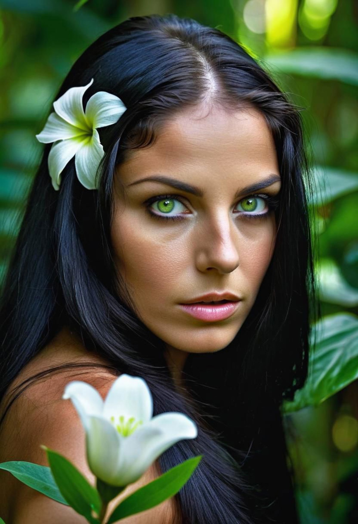 high dynamic range, hdr, sharp focus, 16K, digital photo, woman with long black hair and bright green eyes, with a white f...