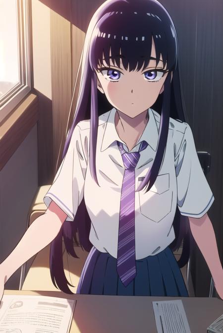 akiratachibana, <lyco:akiratachibana-lyco-nochekaiser:1>,
akira tachibana, long hair, bangs, black hair, (purple eyes:1.1),
BREAK skirt, shirt, school uniform, white shirt, pleated skirt, necktie, striped, collared shirt, blue skirt, striped necktie,
BREAK looking at viewer,
BREAK indoors, classroom,
BREAK <lora:GoodHands-vanilla:1>, (masterpiece:1.2), best quality, high resolution, unity 8k wallpaper, (illustration:0.8), (beautiful detailed eyes:1.6), extremely detailed face, perfect lighting, extremely detailed CG, (perfect hands, perfect anatomy),