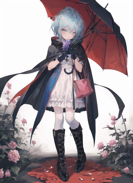 rei,1girl,alternate costume,blue hair,boots,cloak,cross-laced footwear,dress,flower,frills,full body,gloves,holding,holding flower,holding umbrella,lace-up boots,<lora:newrei2:1>