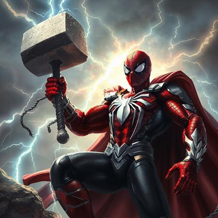 a muscle spiderman with an asgard god armor holding thor hammer with lightings and thunders flying saving people and defeating supervillians