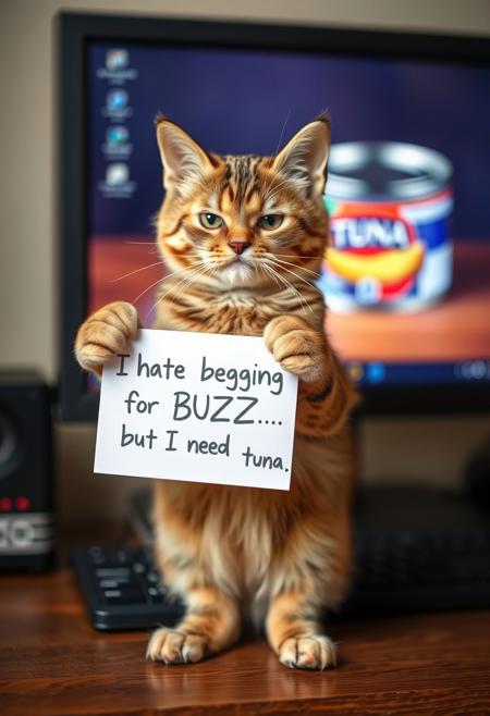 score_9, score_8_up, score_7_up, photo bokeh, blurred background
Grumpy kitty standing up on 2 legs on a computer desk.  The computer screen has an ai created picture of a can of tuna fish.  He is holding a sign in his paws that says "I hate begging for BUZZ...but I need that tuna" written in sloppy child-like handwriting.