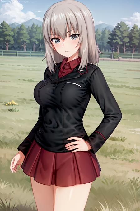 masterpiece, best quality, 1girl,solo,girls und panzer, itsumi erika, kuromorimine military uniform, black jacket, red shirt,red skirt, :/, hand on hip, cowboy shot, outdoors, grass field, blue sky <lora:Itsumi Erika:0.6>