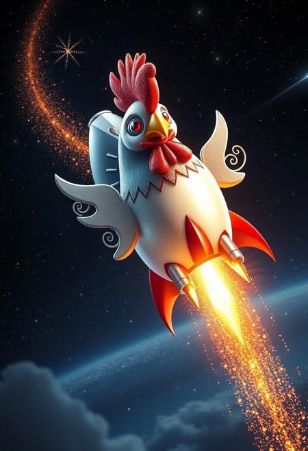 "A majestic, chicken-shaped rocket, its body a sleek, metallic white with bold, red accents, soared through the cosmos, leaving a trail of glittering, starry sparks in its wake. The chicken's face, a stylized, beaked visage with a pair of shining, silver eyes, seemed to gaze forward with determination, as if charting a course for the stars. A pair of delicate, wing-like fins, adorned with intricate, swirling patterns, protruded from the chicken's sides, adding a touch of whimsy and wonder to the overall design. The rocket's engines, a cluster of gleaming, silver nozzles, seemed to blaze with a fierce, golden light, as if propelling the chicken rocket to incredible speeds. The overall effect was one of thrilling, otherworldly excitement, as if the chicken rocket was a symbol of limitless possibility and adventure."