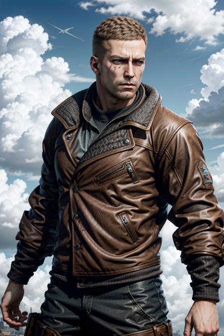 WolfenBlazkowicz, 1boy, solo, male focus, realistic, scar, jacket, cloud, sky, leather jacket, leather, manly, day, brown hair, blue eyes, upper body, scar on face, facial hair
<lora:epi_noiseoffset2:1>,  <lora:WolfenBlazkowicz:0.7>